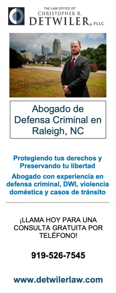 Folleto en español de Detwiler Law sobre servicios bilingües de defensa criminal en Raleigh